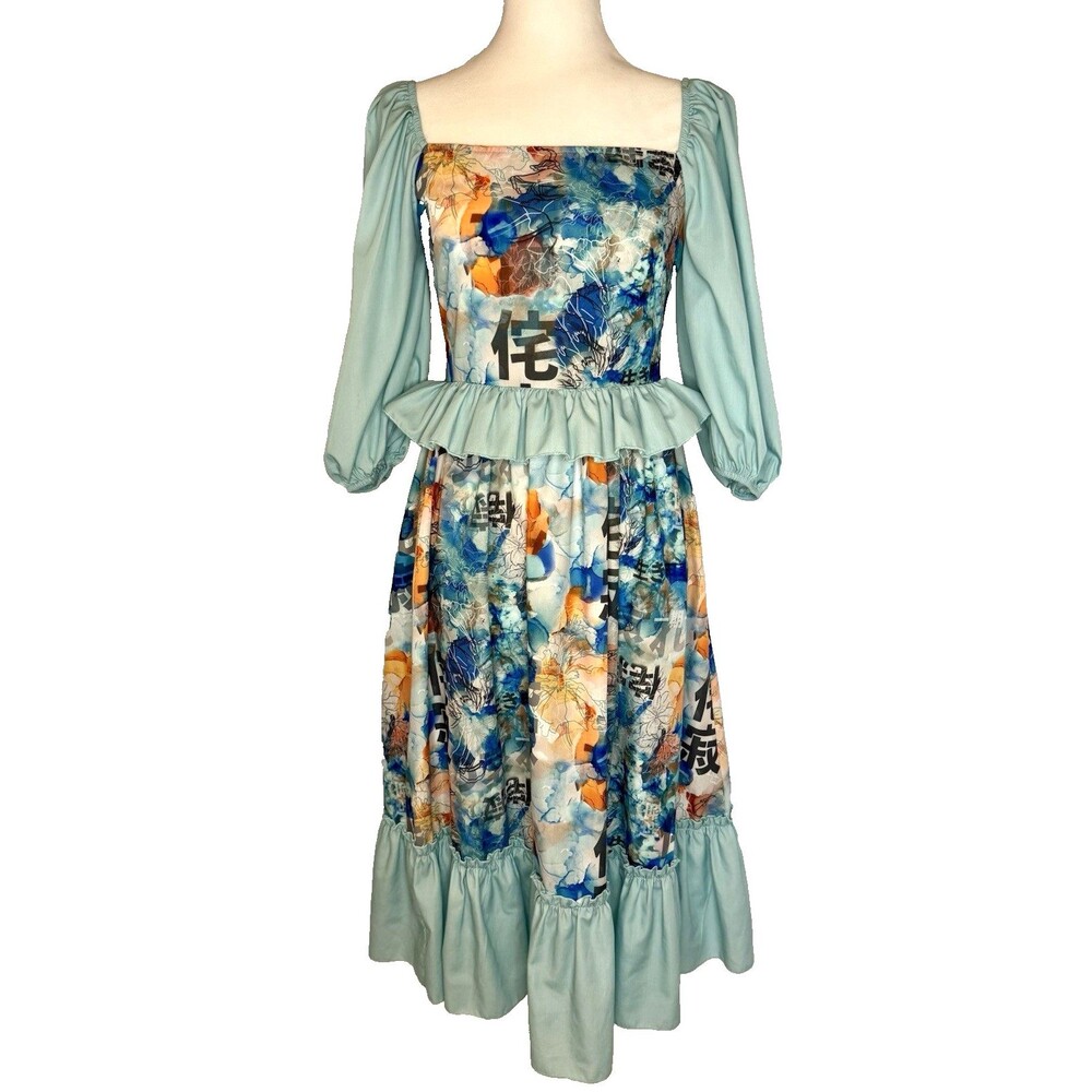 Shein Womens Cottage Core Midi Dress Size XS Asian Inspired Puff Sleeve Zip Blue